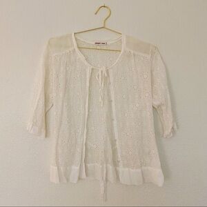 JOHNNY WAS Eyelet Floral Tie Blouse in White SZ M